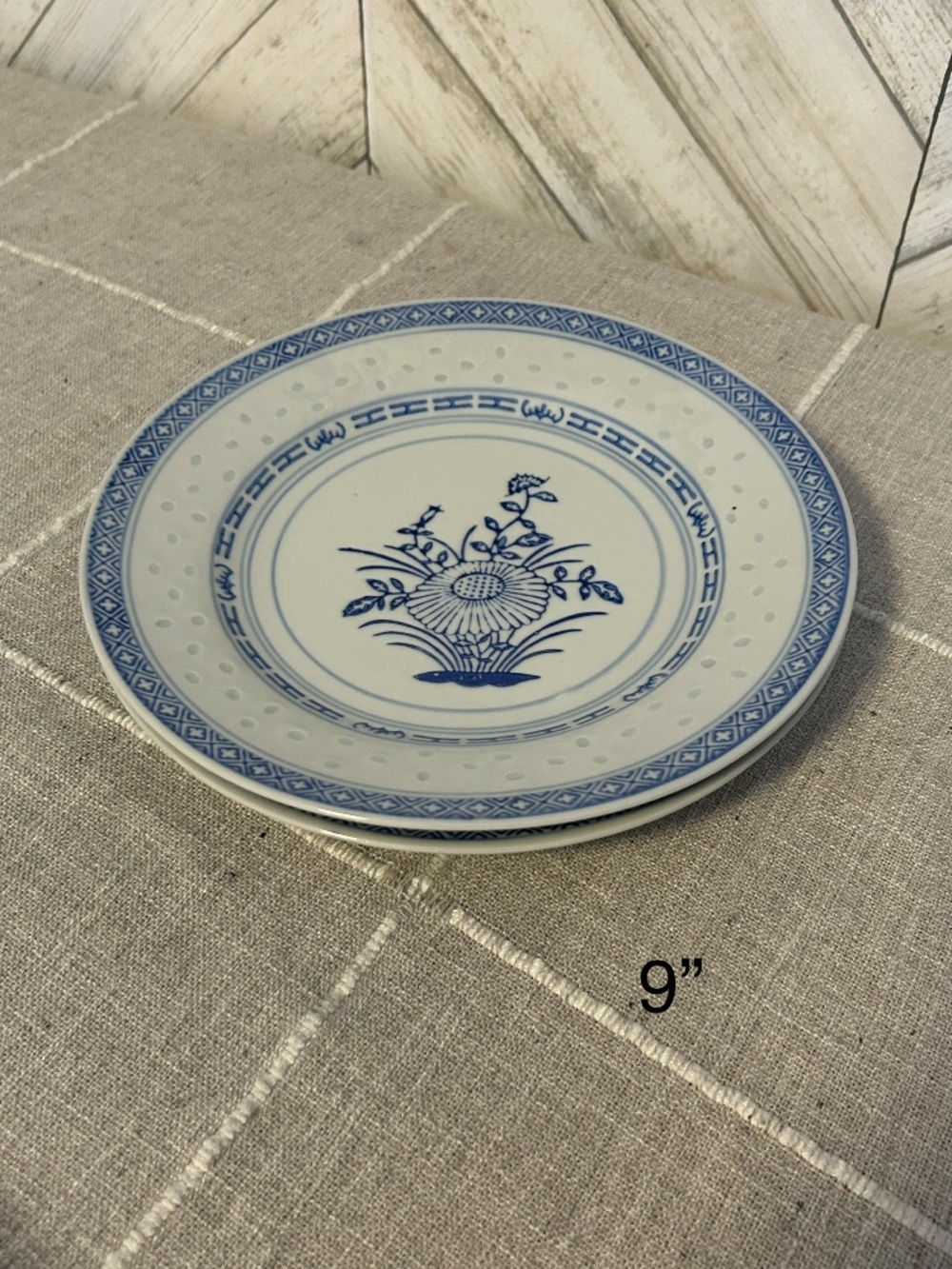Vintage Jingdezhen Blue & White Rice Eye Chrysanthemum Plate 9” set of 2